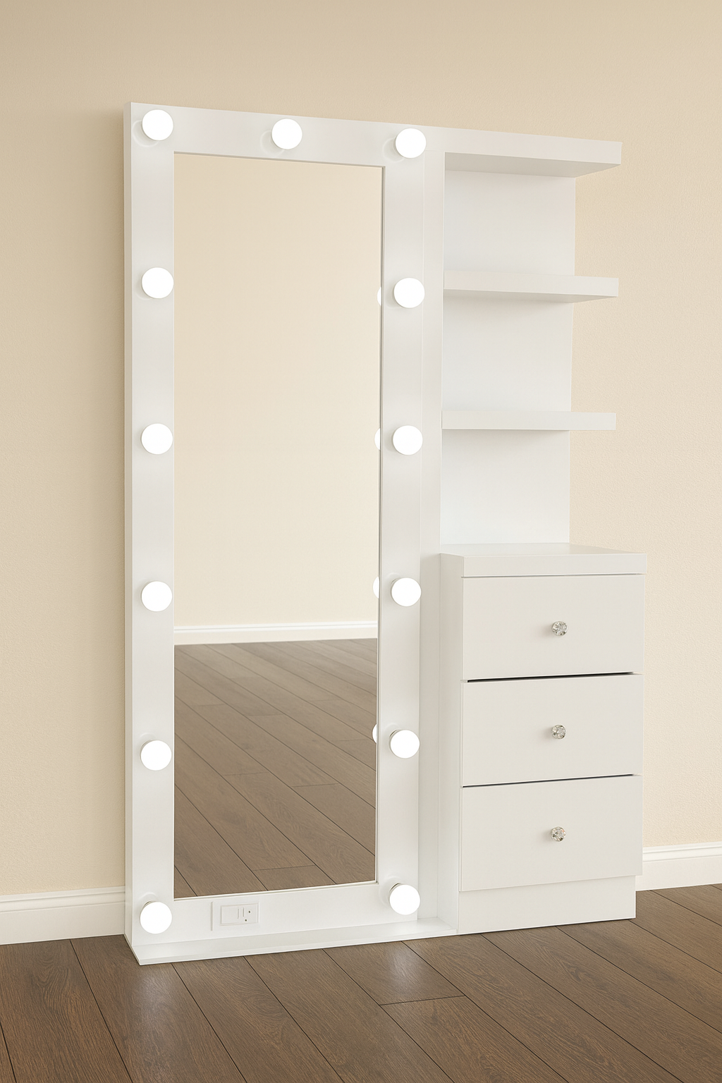 ✨ Hollywood Vanity with 3 Drawers and Shelves ✨